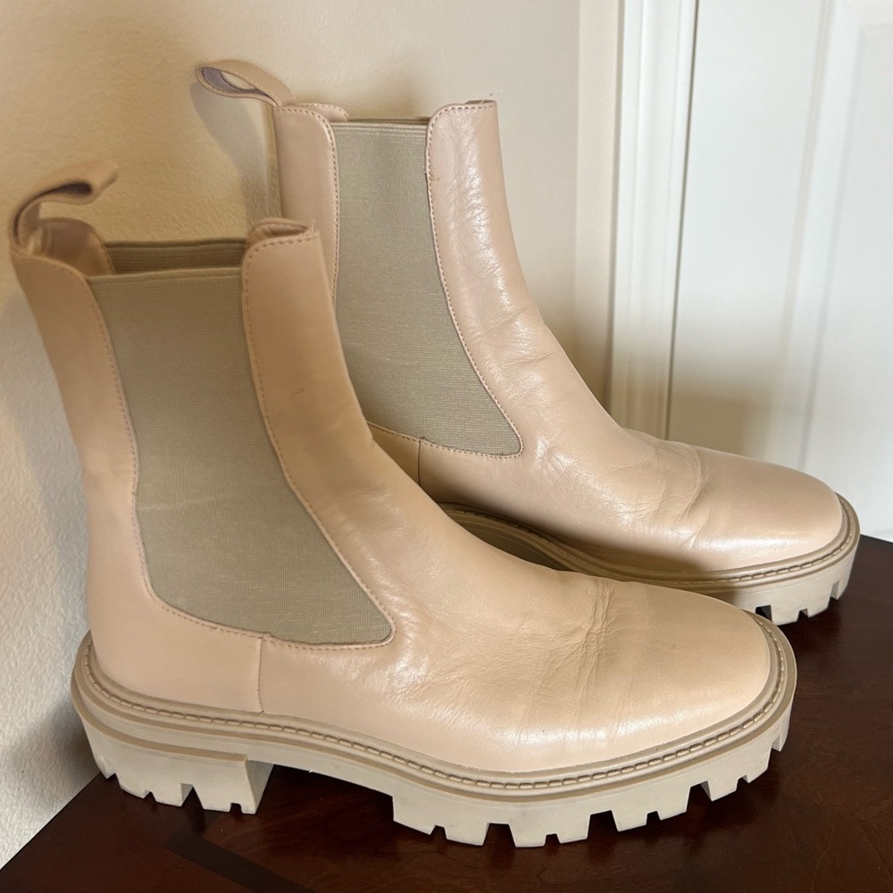 Zara Beige Cream Leather Chelsea Lug Booties